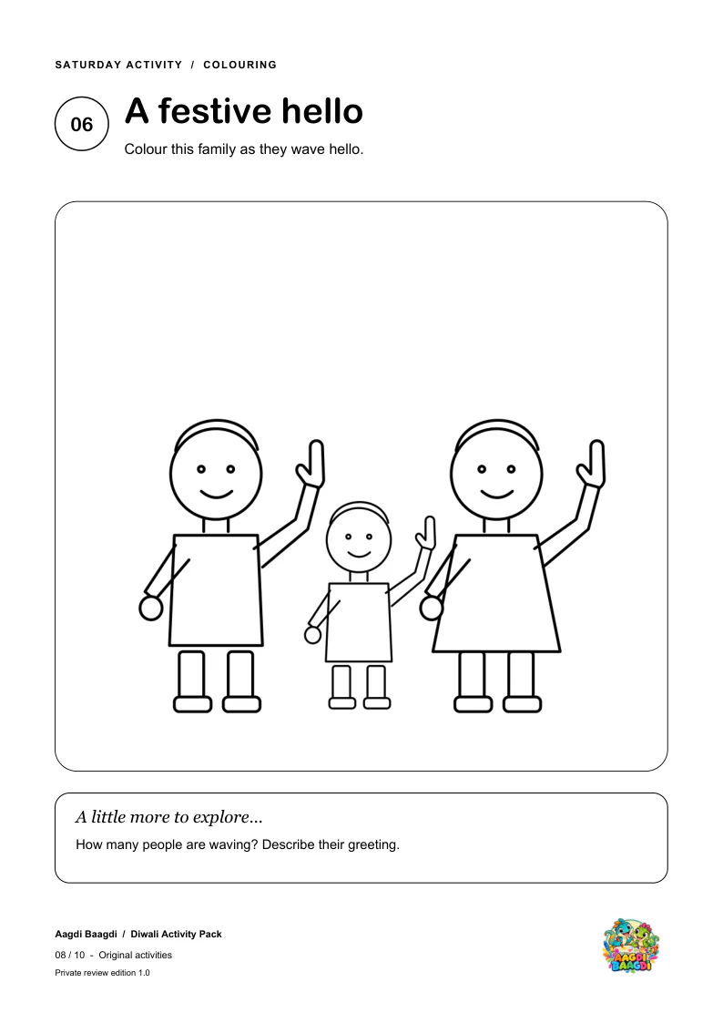 Diwali printable showing a family celebration scene ready to color.