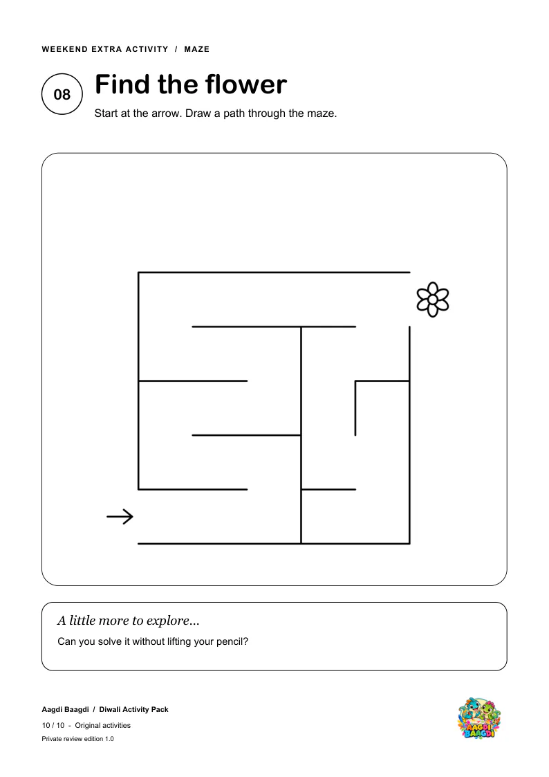 Diwali printable maze with start and finish points.